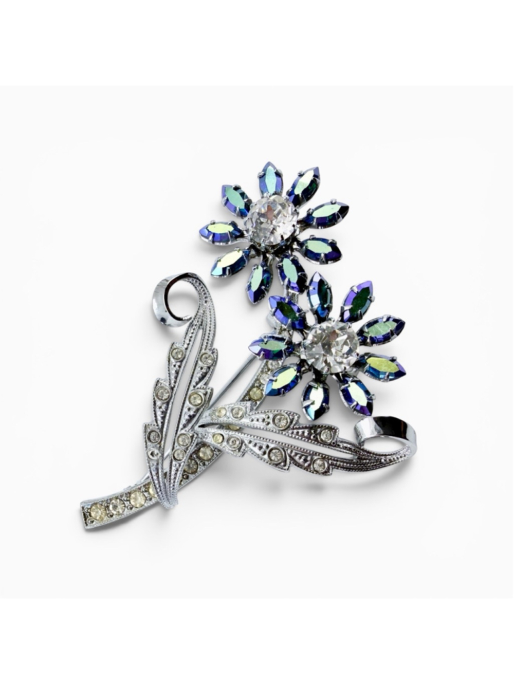 Vintage Peacock Aurora Borealis Rhinestone Brooch Blue AB Floral Spray Pin